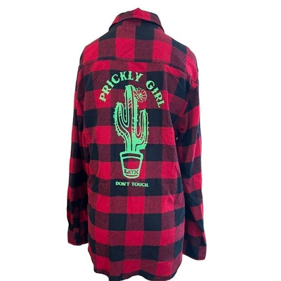 Unbranded Tops - Ladies M Buffalo Plaid Check Red Long Sleeve Button Down Shirt Cactus Prickly